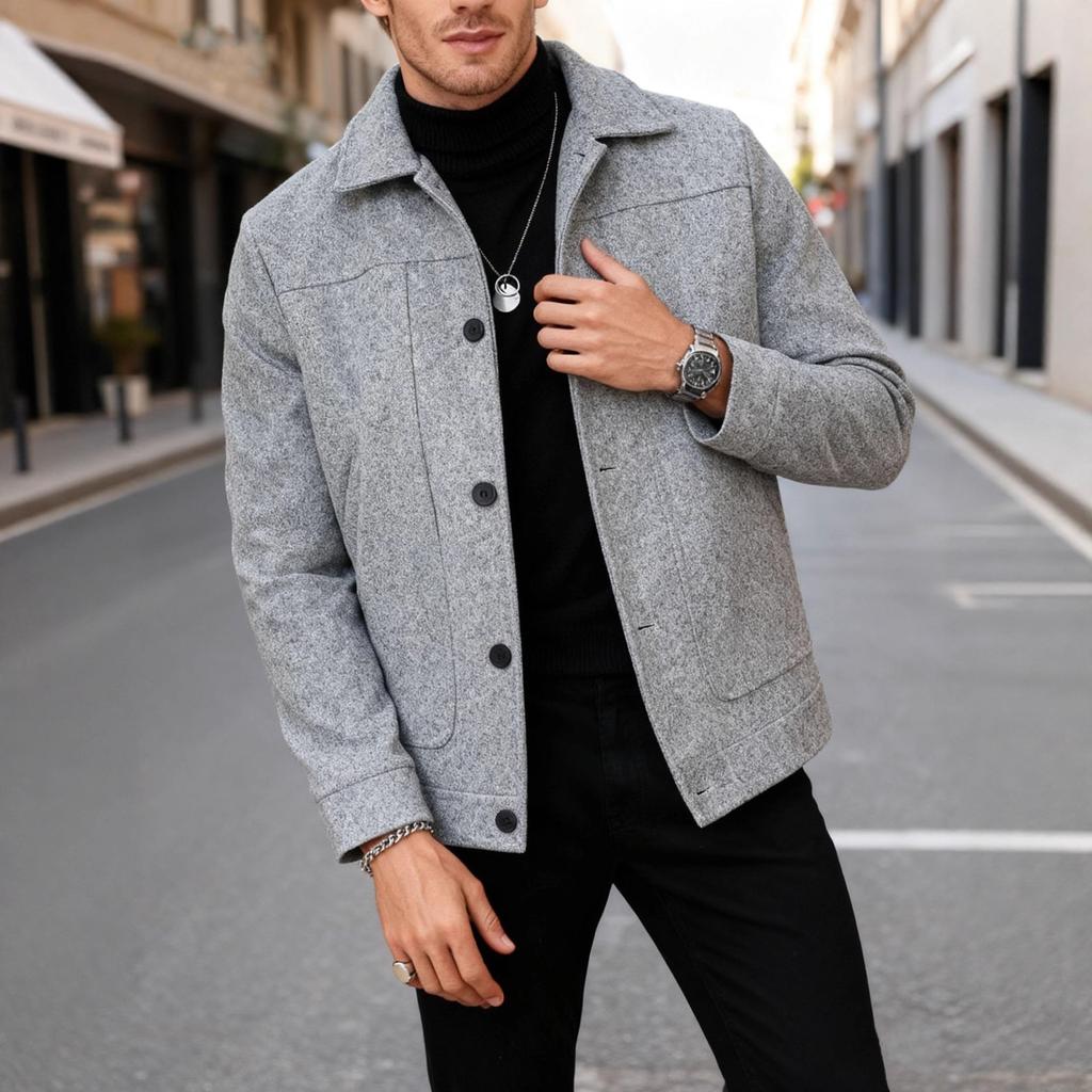 New Solid Color Single-breasted Lapel Woolen Jacket Casual Business Men's Jacket