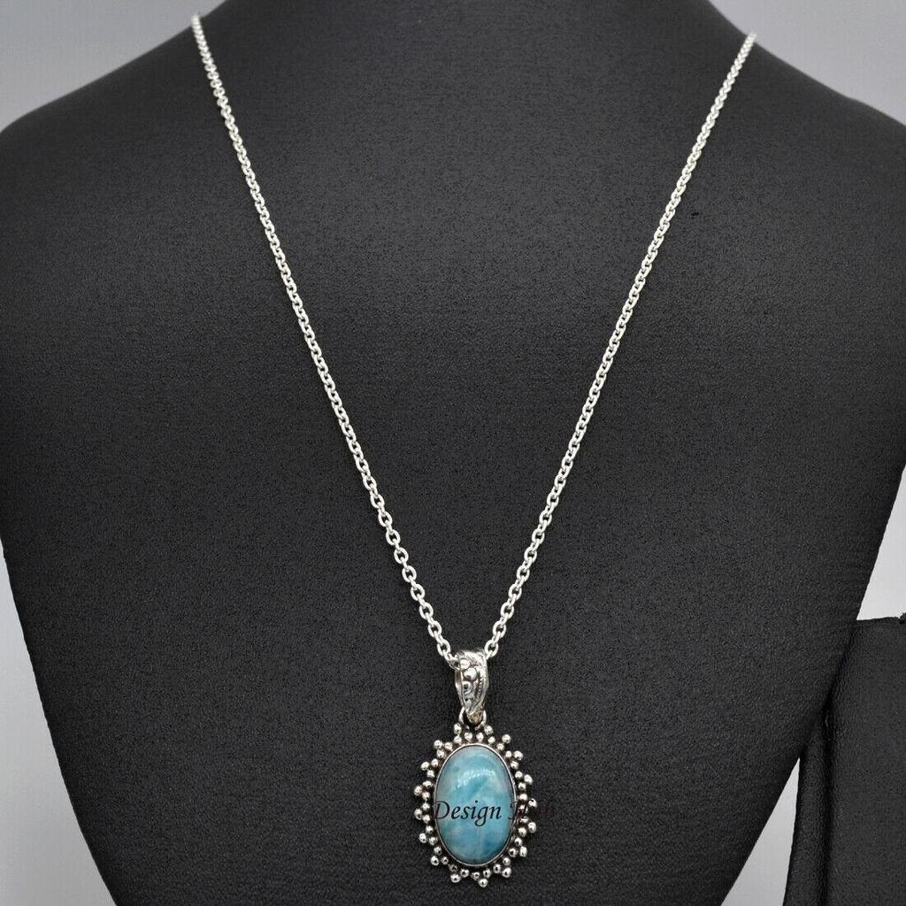 Halskjede i solid 925 sterlingsølv, edelsten, naturlig Larimar-kjede, gave til henne, Boho-smykker, sølvsmykker, bryllupskjede