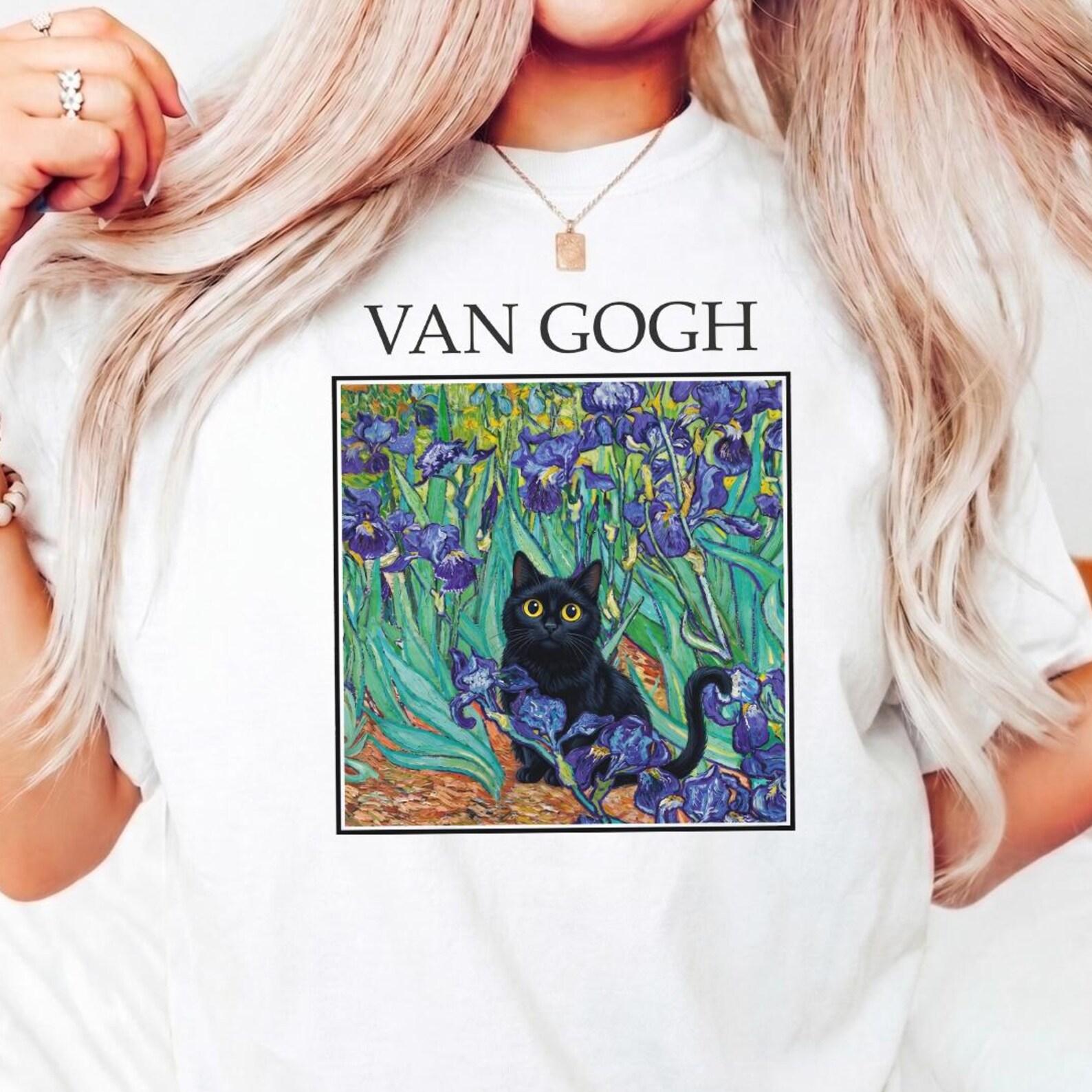 Van Gogh Irises Black Cat Shirt, Artistic Floral Pet Tee, Comfort Colors® XL