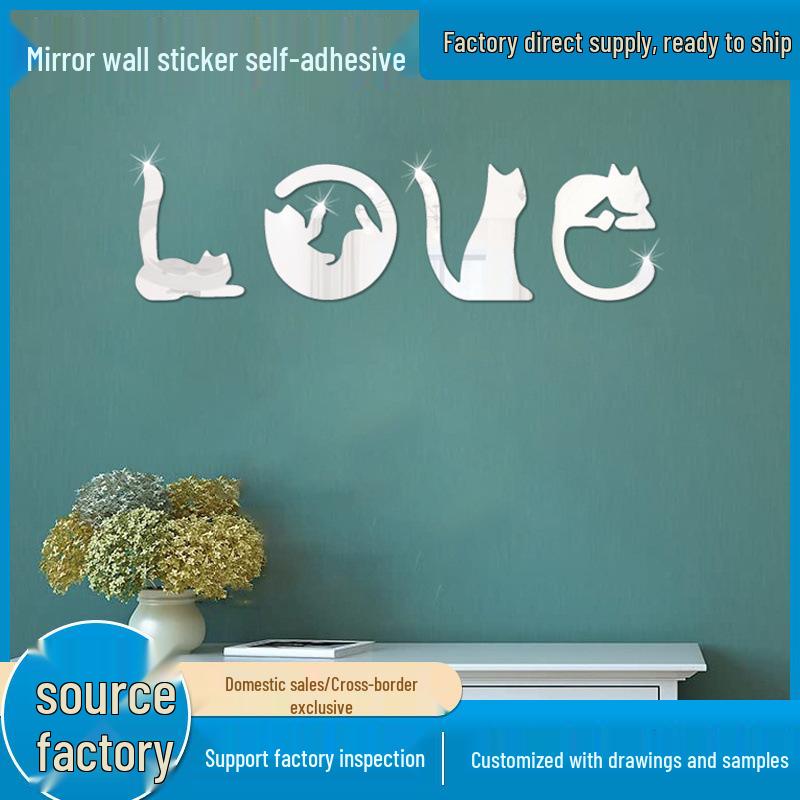3D Acrylic Cat Cartoon Animal Mirror Wall Sticker - LOVE Design for Bedroom/TV Background