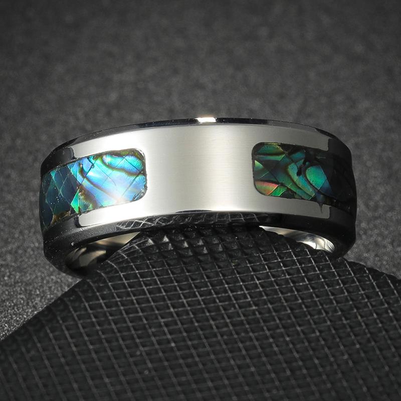 Customizable Fashion 8mm  Stainless Steel Ring for Men Women Colorful Abalone Shell Inlaid Ring Men Wedding Party Jewelry
