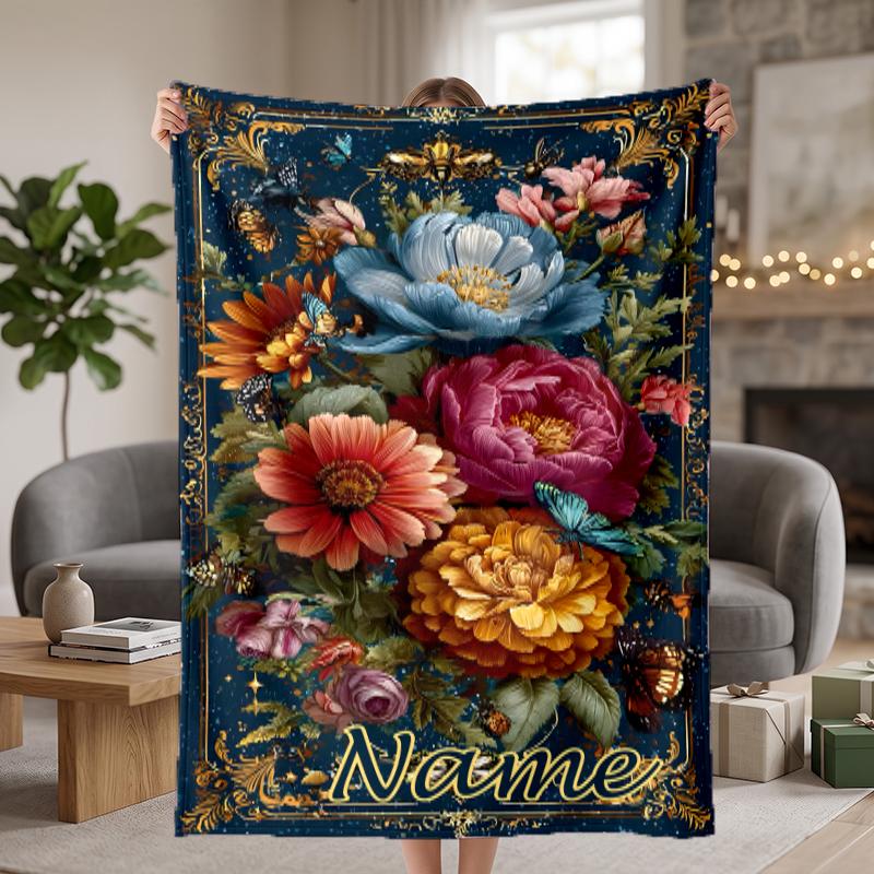 Retro floral Custom Flannel Blankets Soft Warm Cozy Throws for Home Decor Holiday Gifts
