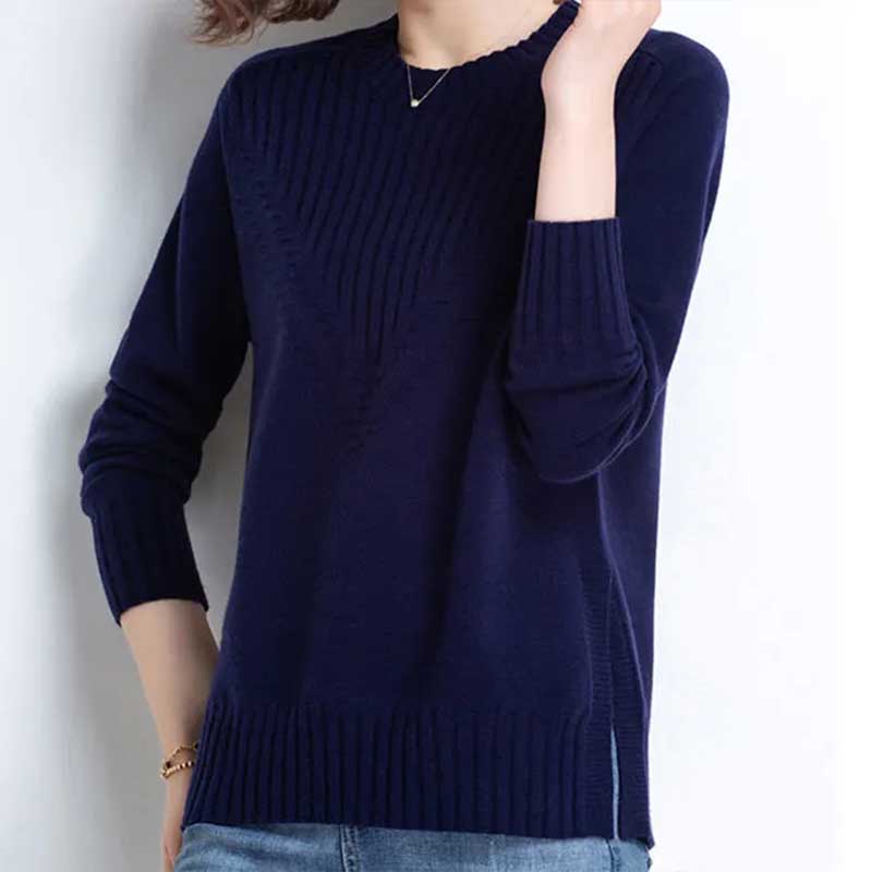 Rundhals-Pullover für Damen, kurz, für Frühling und Herbst, lockere Oberbekleidung, All-Match-Pullover, Schlitz-Bottom-Pullover