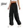 Loose Leg Trousers Women Cargo Pants Elastic High Waist Adjustable Drawstring Long Wide-leg with Multi Pockets Wide Design Solid Color Casual
