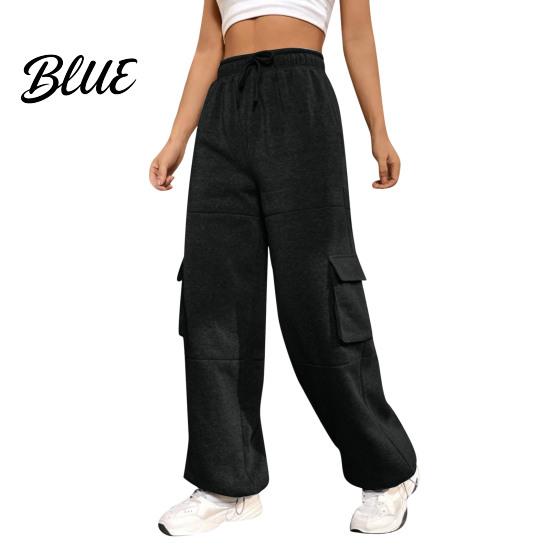 Loose Leg Trousers Women Cargo Pants Elastic High Waist Adjustable Drawstring Long Wide-leg with Multi Pockets Wide Design Solid Color Casual