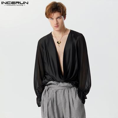 INCERUN Men Long Sleeve Swing Collar Satin V Neck See Through Casual Tops