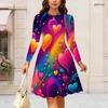 Women Plus Size Round Neck Long Sleeve Midi Dress Colorful Rainbow Heart Print High Waist Swing Dress