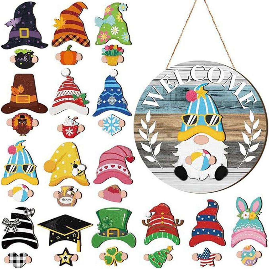 Halloween Gnome Welcome Sign with Magnetic Removable Hats DIY Gnome Door Sign Decor Multi-Purpose Creative Wood Decoration Plate
