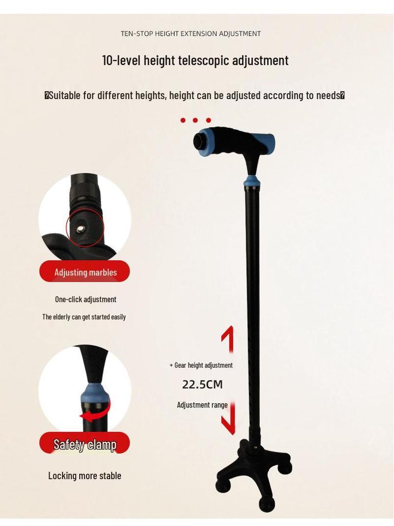 Retractable Four-Legged Walking Stick with Rubber Foot Pad, Lightweight Aluminum Alloy for Seniors