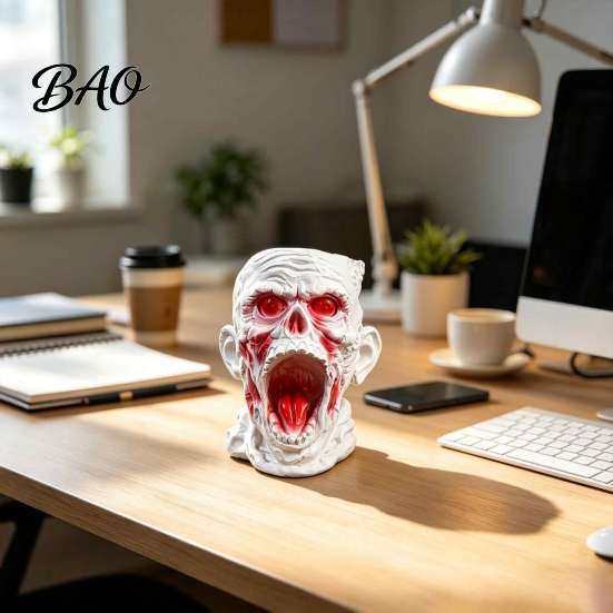 Dark Home Office Decor Gothic Skull Pen Holder, Realistic Zombie Head Makeup Brush Organizer, Large Capacity Desktop Niche Art Piece Storage