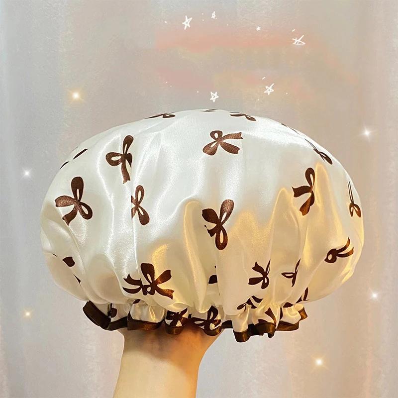 1PC Double Layer Shower Cap Waterproof Reusable Printed Bath Hair Bonnet for Women Ladies Spa Salon Home Travel Use