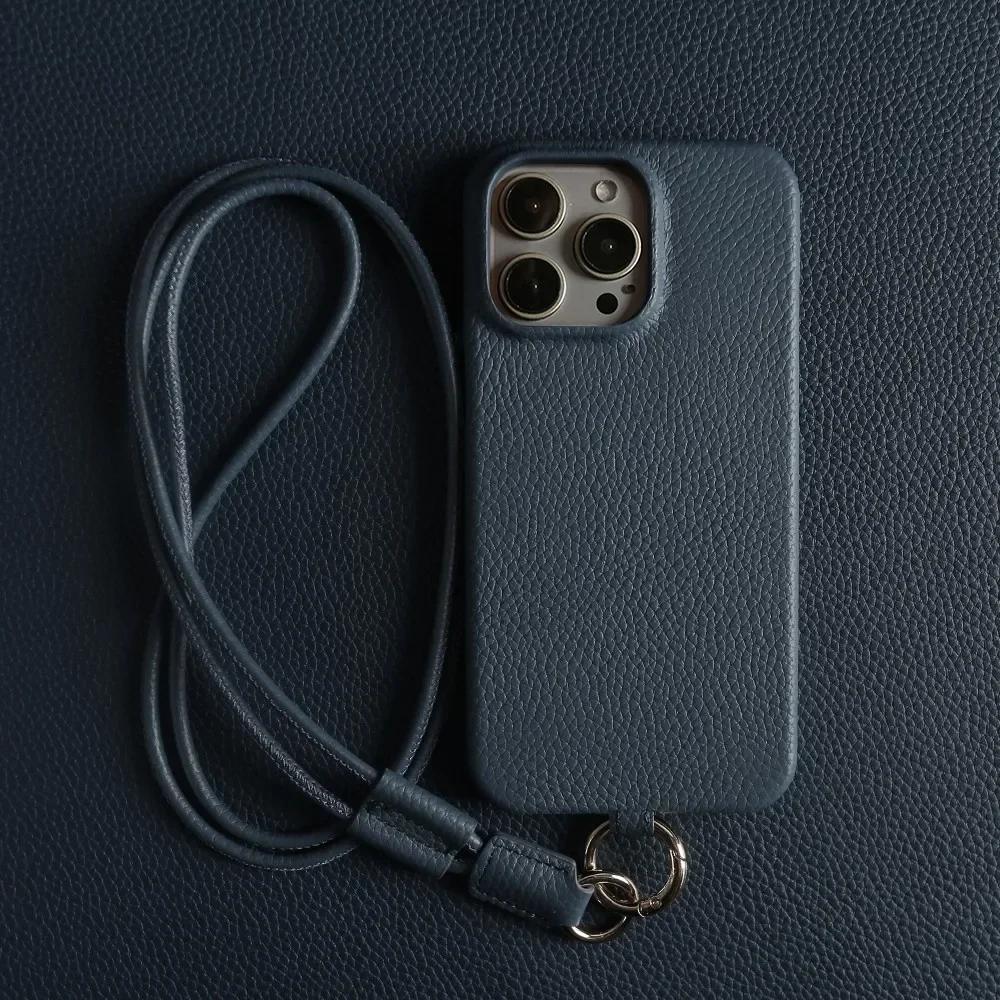 Luxury Cowhide Genuine Leather Case for IPhone 16 Pro Max 15Pro 11 13 12pro 14Pro 14 Strap Crossbody Lanyard Phone Cover Coque