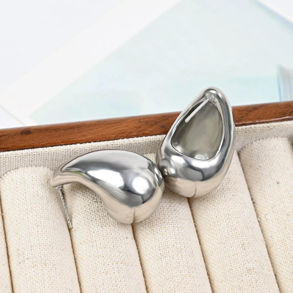 Exaggerated 3D Silver Water Drop Stud Earrings with S925 Silver Needle - Simple, Smooth, Irregular Design for Women
