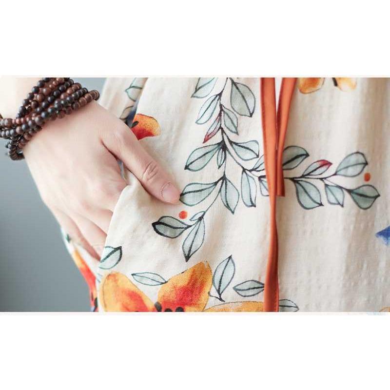 Nowe luźne plus size drukowane sznurki do wiązania w pasie etniczny styl dekolt w serek rękaw pięciominutowy literackie długie sukienki