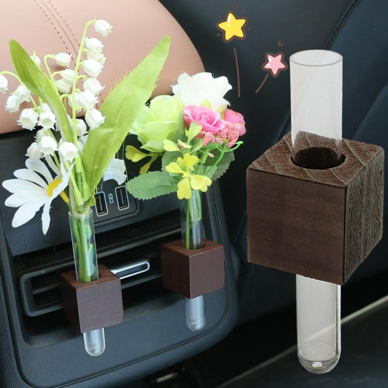 Stable Mini Car Flower Vase Clip Elegant Adjustable Car Vent Flower Vase Walnut and Glass Creative Auto Vent Decor Dashboard