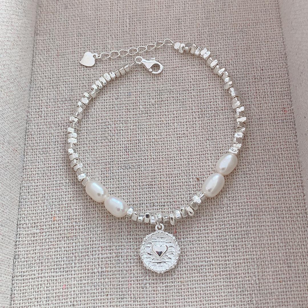 

Heart Round Plate Pearl Bracelet Irregular Crushed Silver 925 Sterling Silver Bracelet for Women Summer Ins Style 925 срібний