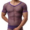 Men Tops V-Neck Short Sleeve Hollow Mesh Design Tee Shirt Solid Color Breathable Casual