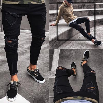 Jeans Men's New Black Ripped Stretch Zipper Men's Clothing Skinny Pants