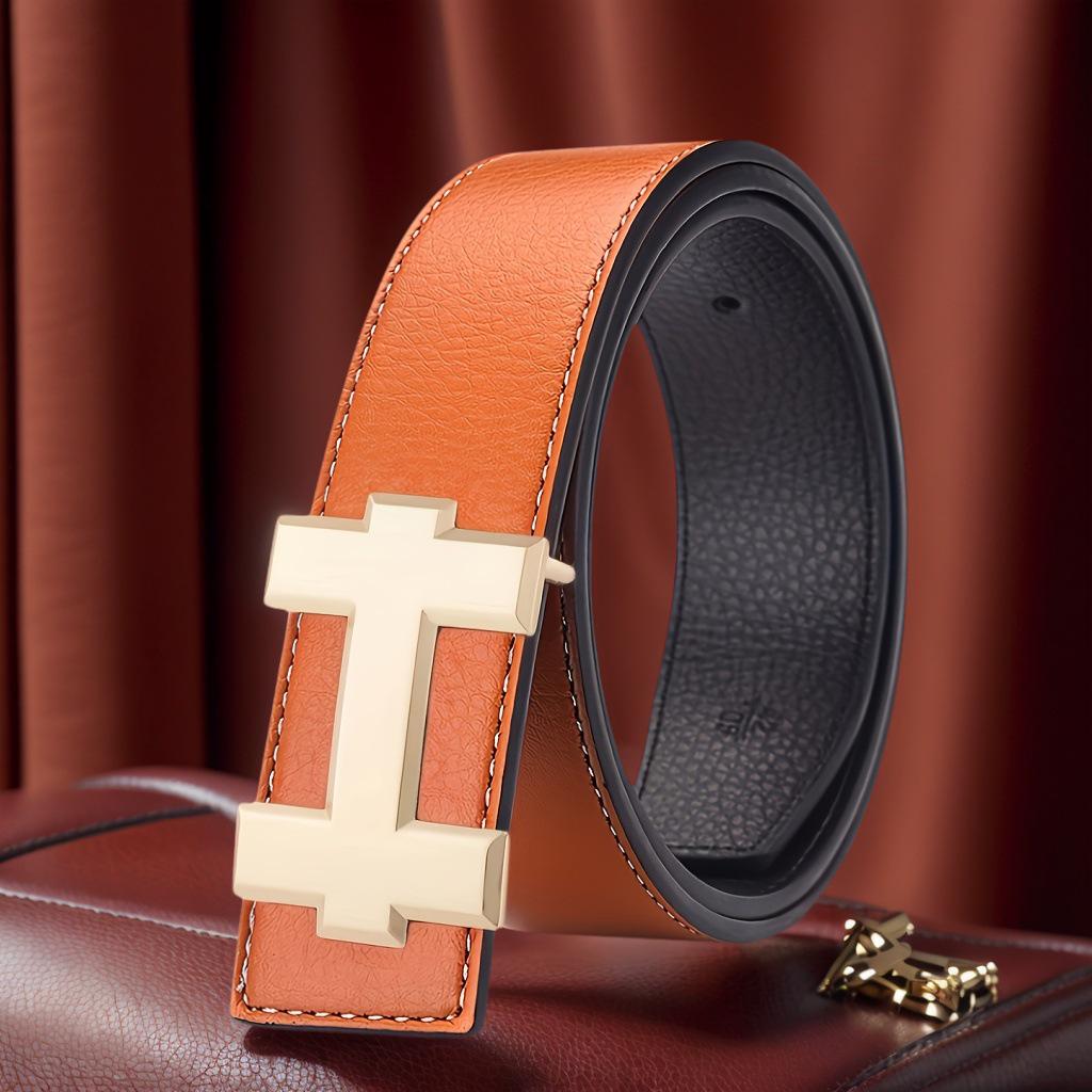 Unisex Korean H Buckle Genuine Leather Belt with Lychee Grain Design