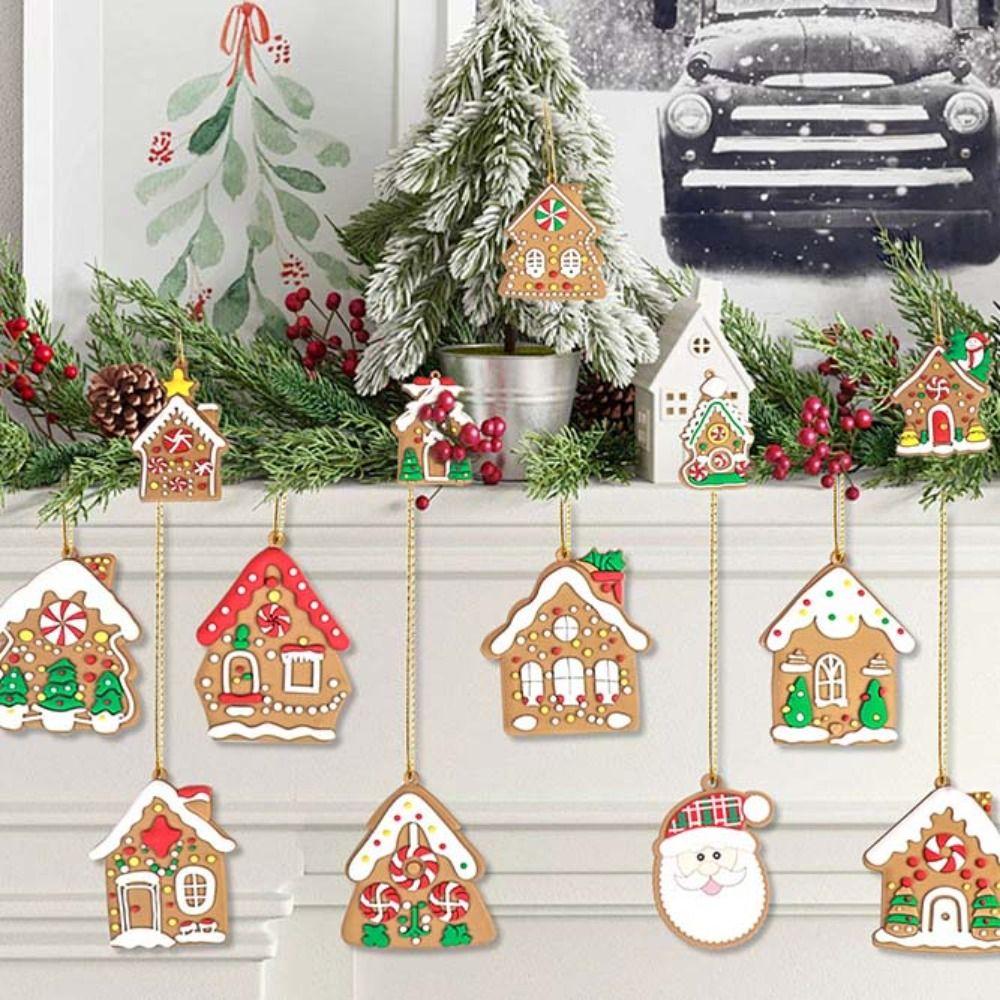 8/16Pcs Candy Color Christmas Gingerbread House Pendant Cabin Hanging Decoration  Navidad