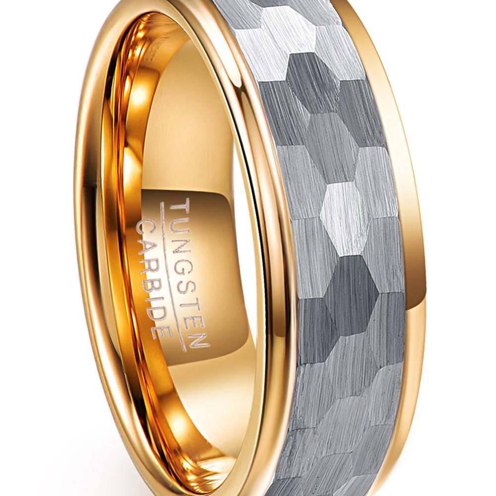 Silver-Gray Matte Hexagonal Tungsten Steel Ring with Gold-Plated Inner Circle - 8MM Wide