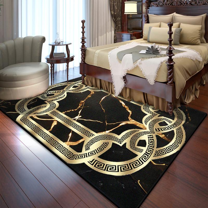 Black Golden Bedroom Bedside Rug Luxury Large Area Living Room Decoration Carpets Foldable Non-slip Soft Floor Mat Gaming Room