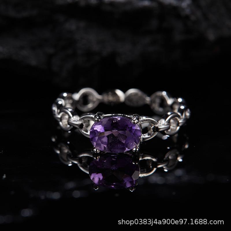 Non-Fading High-End S925 Sterling Silver 18K Gold Natural Amethyst Lucky Treasure Ring Women'S Simple Jewelry