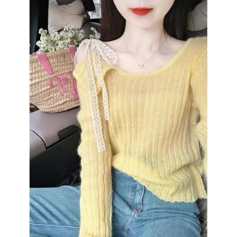 

Весенне-летняя новинка, нежный ветер, кружевной трикотажный свитер с открытыми плечами на шнуровке, тонкий свитер-пуловер для женщины one size fits all жёлтый
