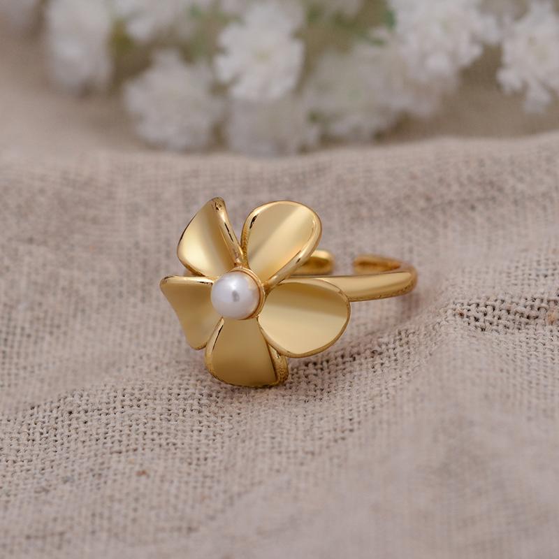 Gorąca Sprzedaż Elegancki Żółte Złoto Kolor Perłowy Kwiat Damski Pierścionek Zaręczynowy Dla Kobiet Prezent Bez Odbarwiania