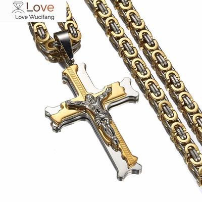 Collana con ciondolo a croce, moda maschile, alla moda, colore argento, colore oro, in acciaio inossidabile, a maglie spesse, catena bizantina, girocollo