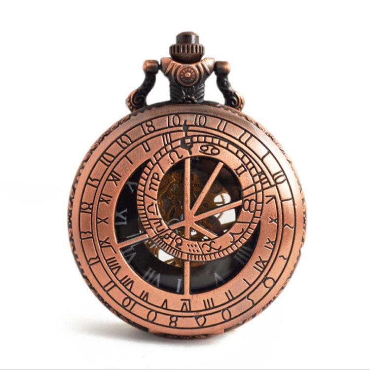 Prague Antique Style Astronomical Dial 47mm Steampunk Skeleton Mechanical Alloy Pocket Watch for Men antique