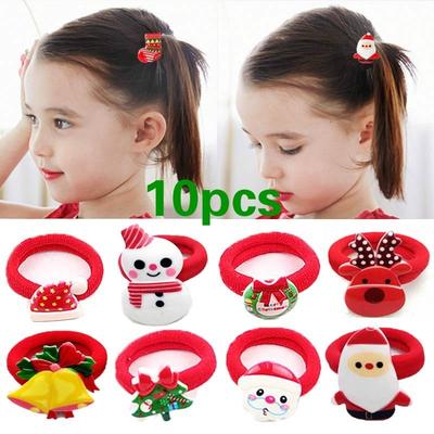10pcs Fashion Girls Popular Christmas Hair Band Tree Santa Bell Snowman Elastic Braiders Accessories Style Random