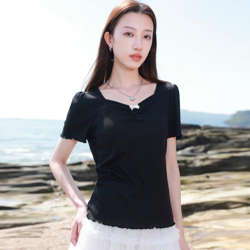 Sancai Plus Size Square Neck Ribbed Bowknot T-Shirt