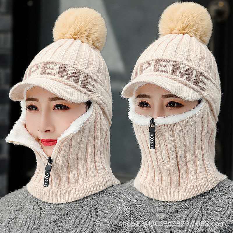 Hat Women's Autumn and Winter Knitted Windproof Ear Protection Wool Hat Student Warm Plush Thickened Fashion Cycling Pullover Hat