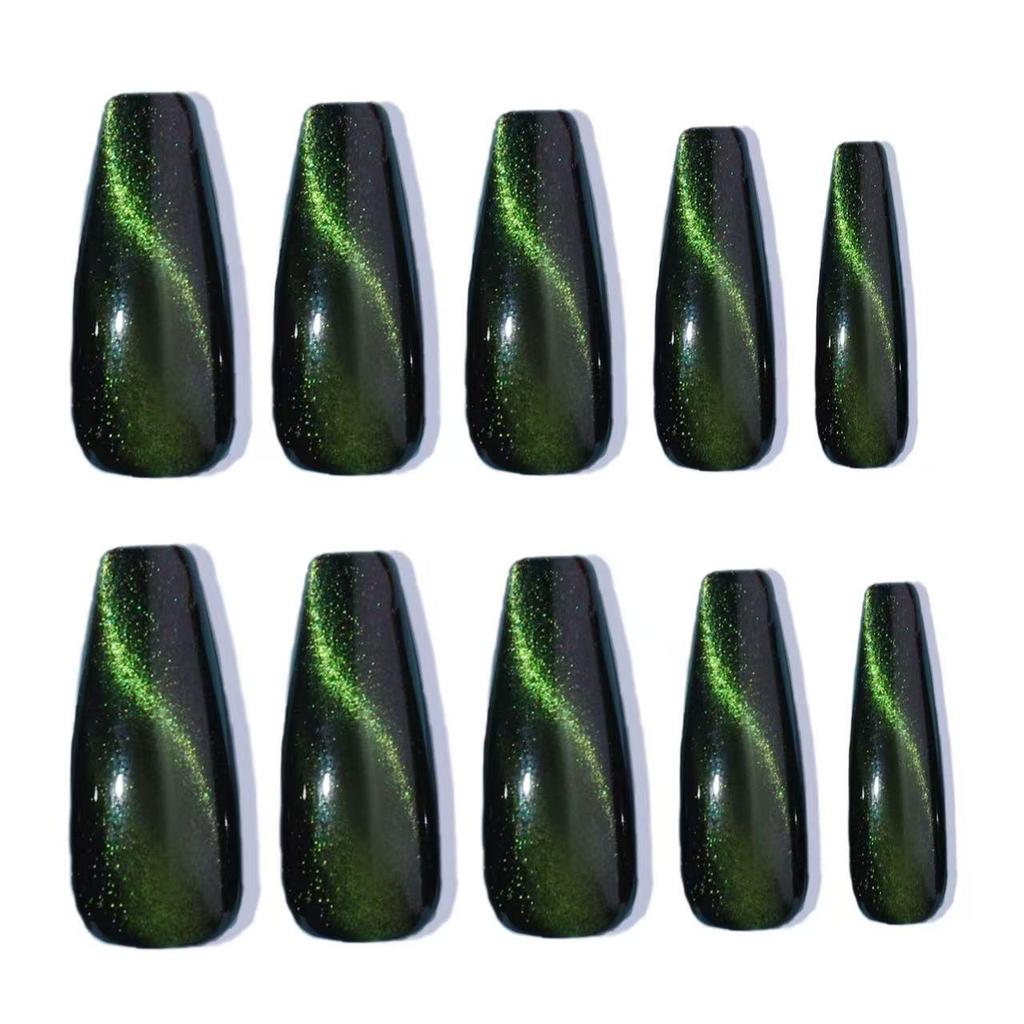 24pcs Gradient Cat Eye Trapezoid Nails: Autumn/Winter Black & Green Nail Art Stickers