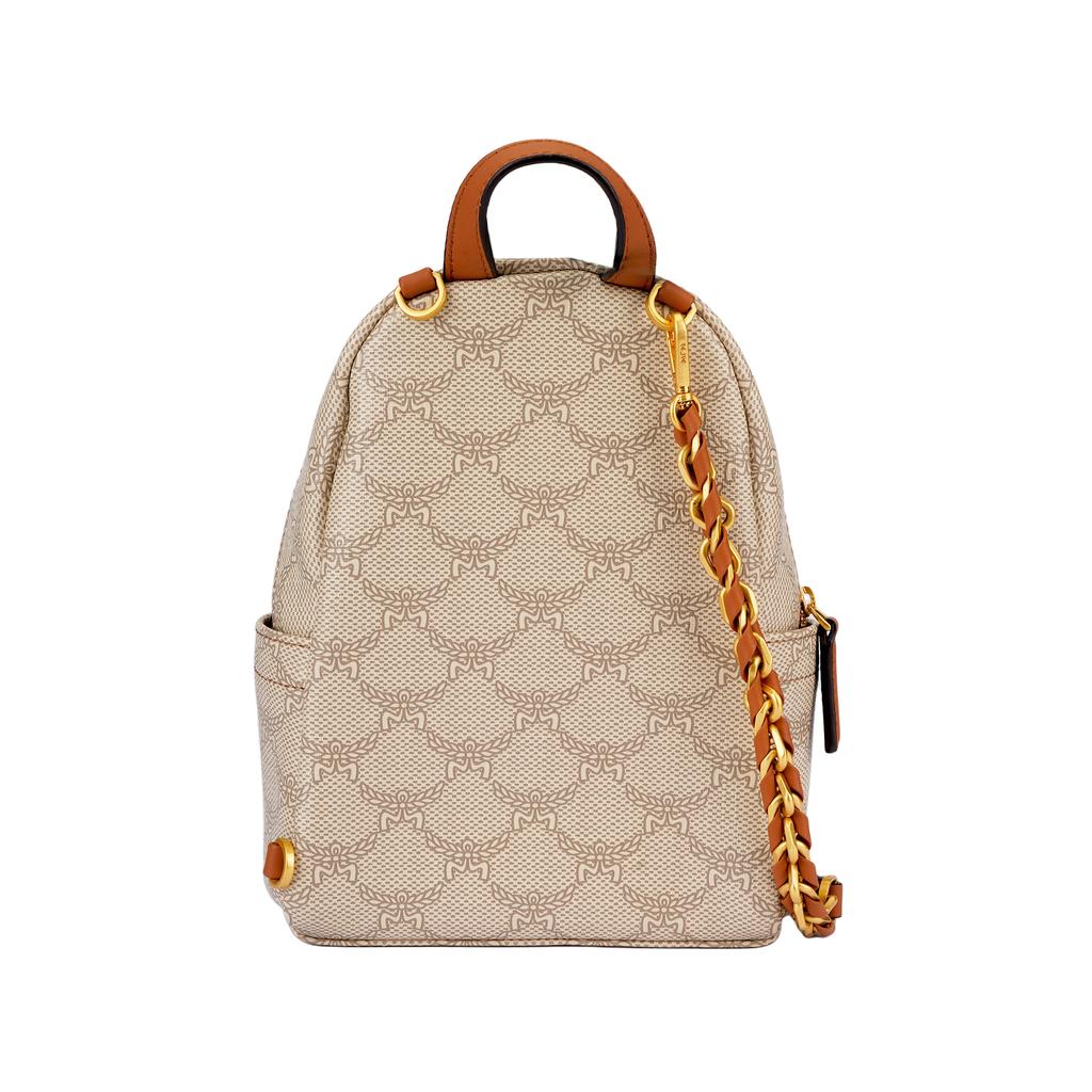 MCM Stark Lauretos Monogramm Beschichtetes Canvas und Leder Mini Rucksack Damen Rucksack Beige MMKESVE03I9001