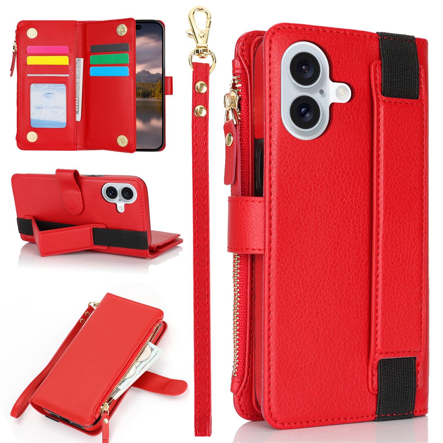 

XL-001 For iPhone 16 Case Zipper Pocket Wristband Stand Leather Phone Cover D