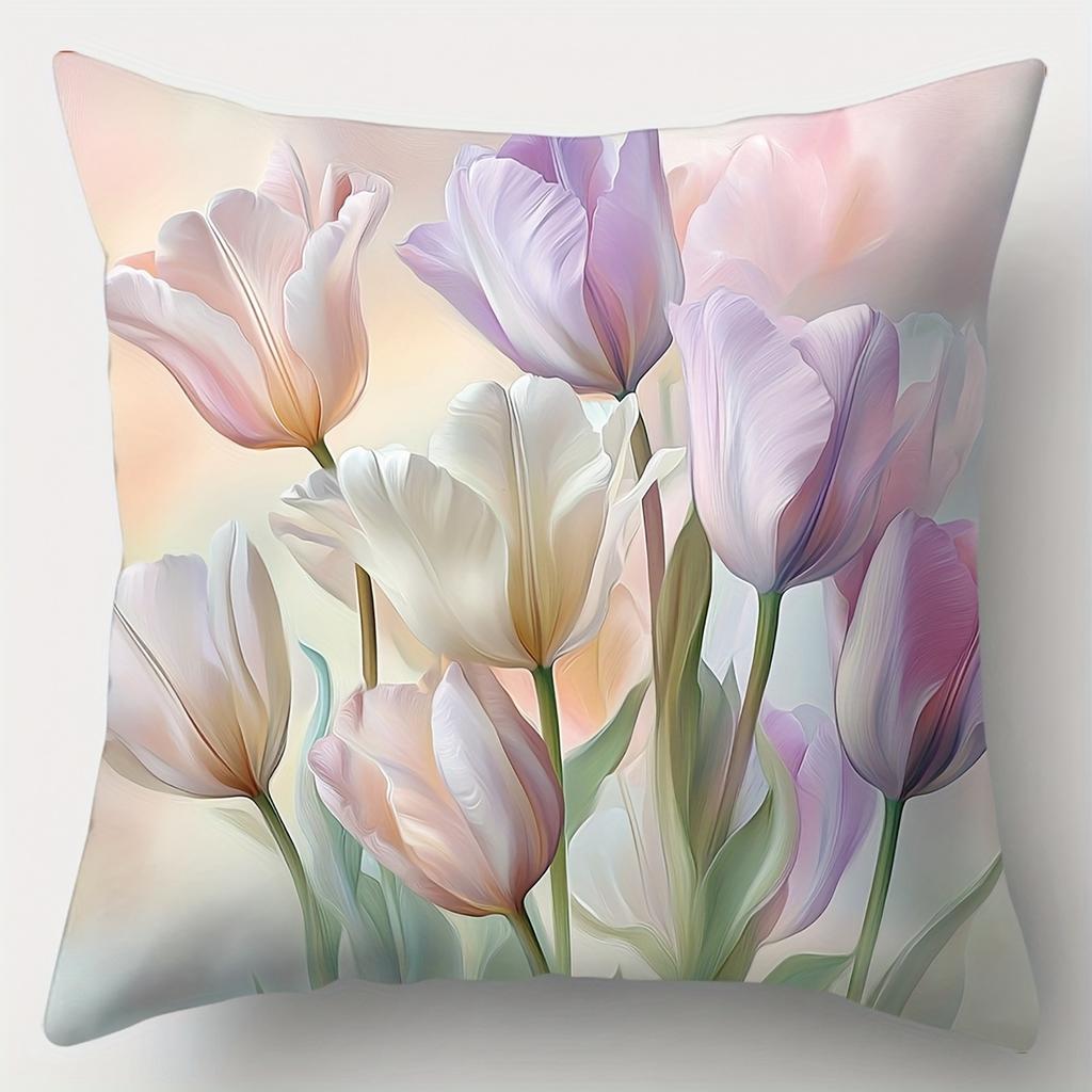 4Pcs Pastel Floral Throw Pillow Covers, Soft Watercolor Rose Hydrangea Tulip Daisy Print Cushion Cases, Spring Botanical Decor