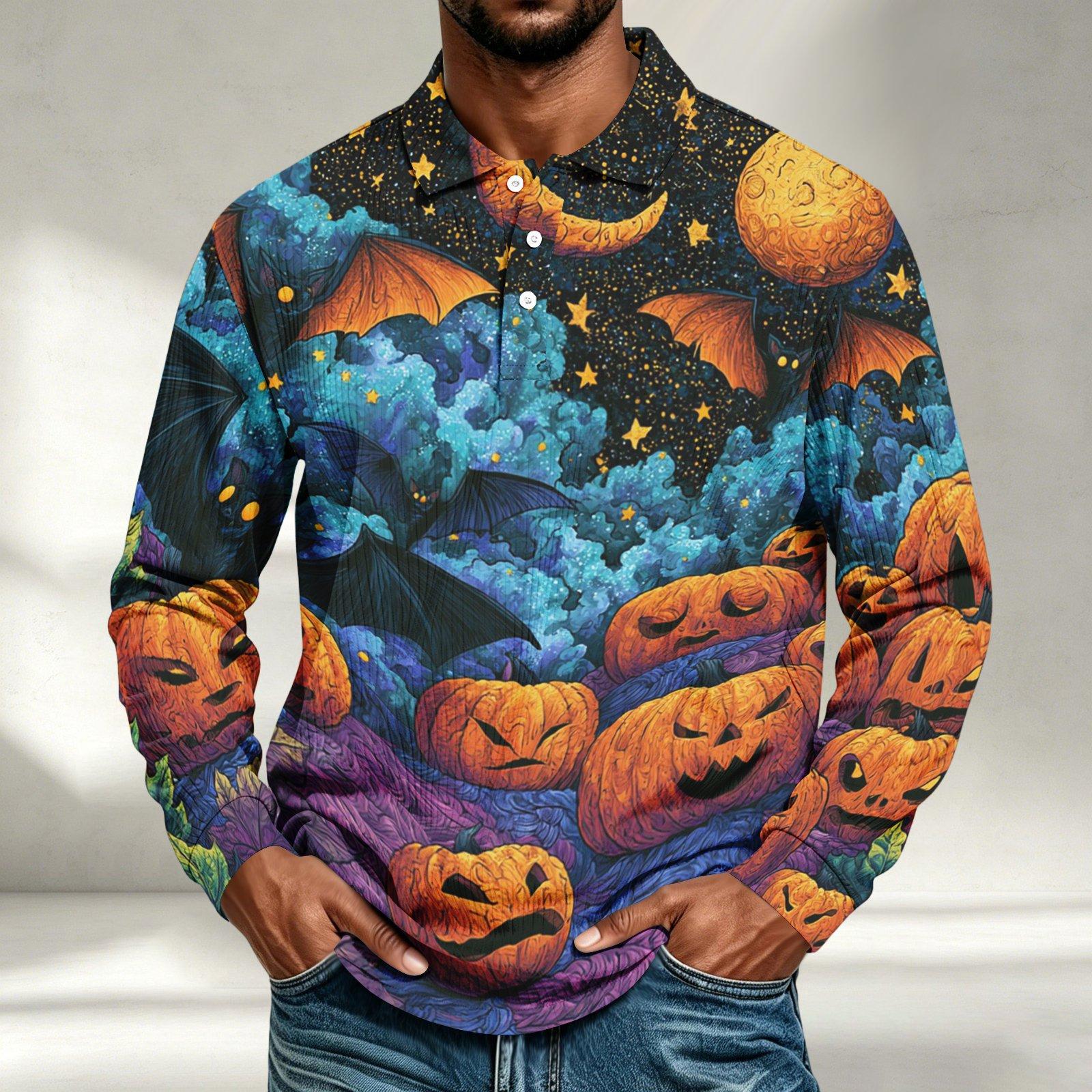 Men s Casual Halloween Print Long Sleeve Shirt Loose Fit S