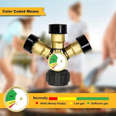 A96I-1 Piece 3 Way Propane Splitter Propane LP Tank Tee Gauge Adapter With Gauge And Shut-Off Valve