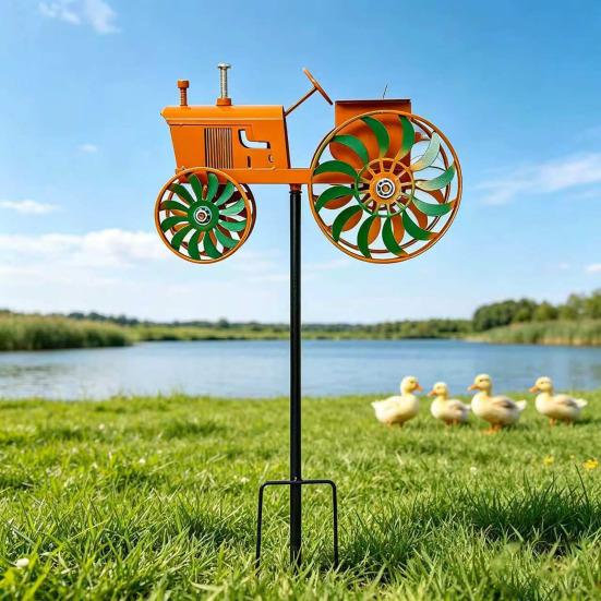 Garden Wind Spinner Kinetic Tractor Wind Sculpture with Rotating Wheels Outdoor Metal Windwill with Stake for Flower Bed Lawn Patio