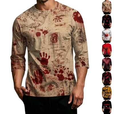Men Casual Halloween Printed Crew Neck Three Quarter Sleeve T Shirt Comfortable Fit Soft Fabric Novelty Top for Holiday