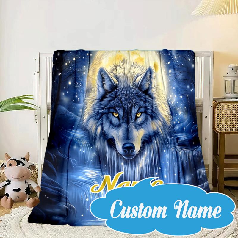 Custom Name Electric Wolf Spirit Blanket bed sofa Blanket Flannel Blanket for Camping, Hiking, Picnic Essentials,gift for Fan family