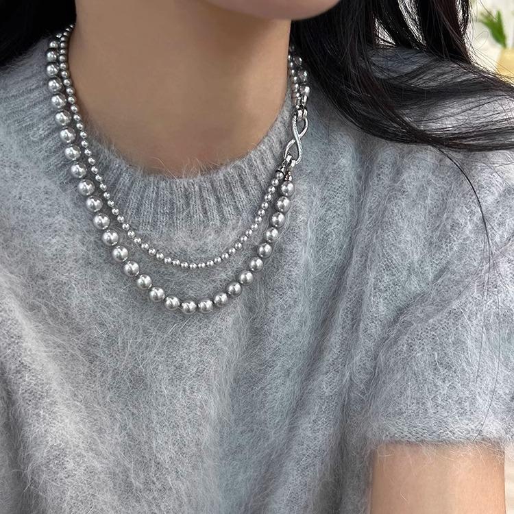 Shijia Pearl Double-Layered Necklace with Detachable 8-Shaped Buckle – Versatile Styles, Hemp Gray Chain.