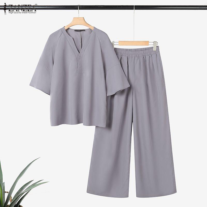ZANZEA Women 3/4 Sleeve Blouse and Pants Casual Two Piece Suit Sets