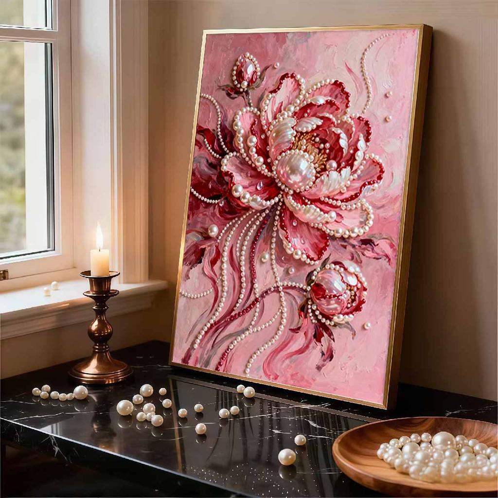 Crystal Pearl Painting 5D DIY Frame Decoration Painting Red Peony Home Wall Decoration Transparent Pearl Gemstone Painting Picture Art Crafts