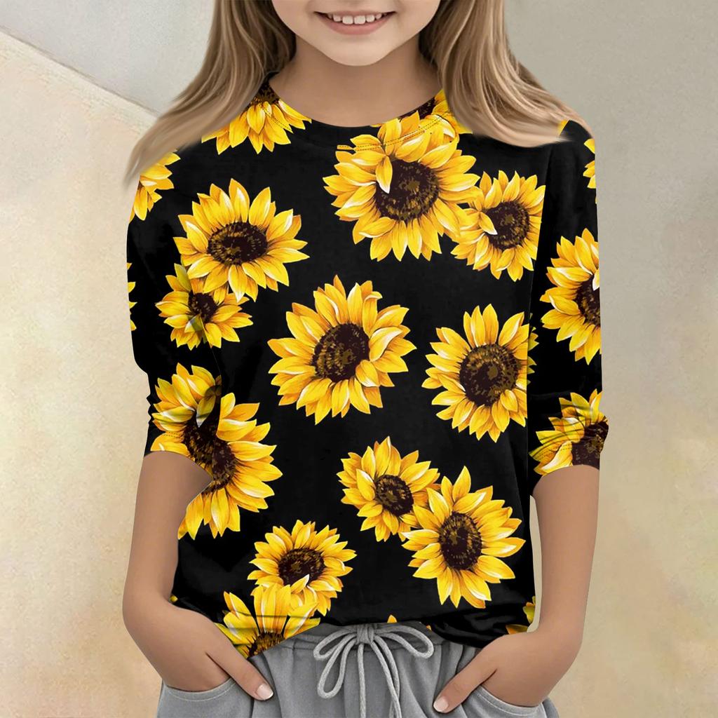 Children's Printed Round Neck Seven Quarter Sleeve Casual T-shirt