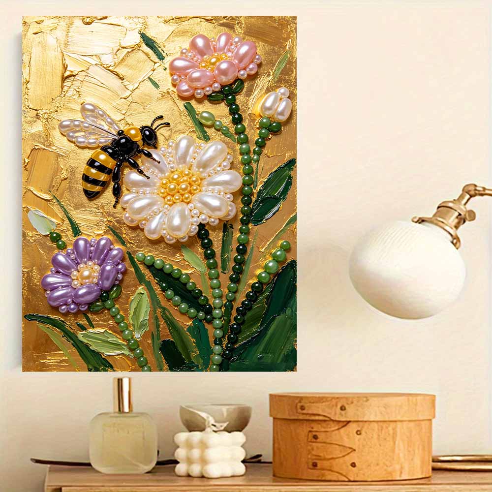 Pearl Painting DIY Kit Bee And Elegant Flower Design Frameless Shiny Bead Canvas Creative Craft For Home Wall Decor Art Project Hobby Supplies