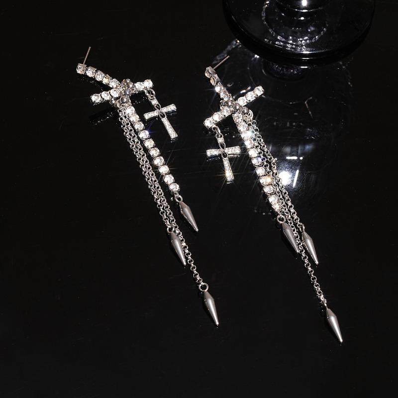 Silbernadel Europäisch und Amerikanisch Diamantbesetztes Kreuz Lange Fransenohrringe