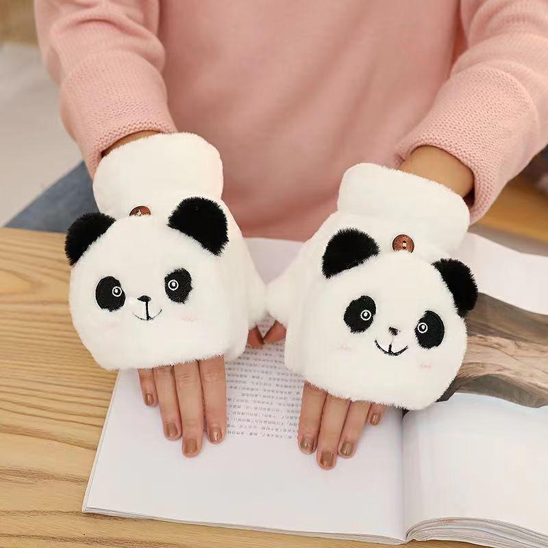 Women's Winter Plush Panda Convertible Half-Finger Gloves